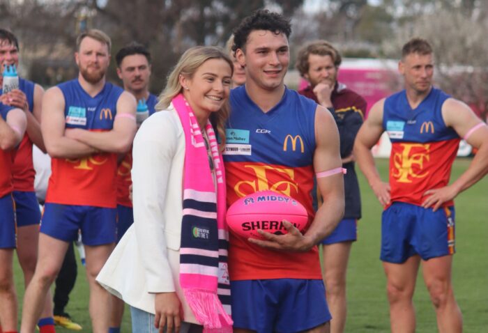 Seymour community raises $13,000 for breast cancer 2 230820 BCNA Ambassador Sophie Locke with best on ground Ben Rigoni
