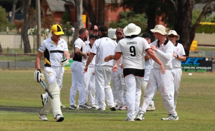 GDCA Broadford McIntrye Seconds celebrate a Lancefield dismissal